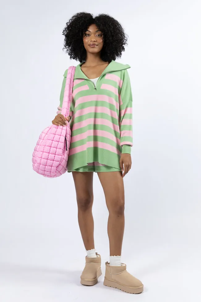 Pulling Heartstrings Green and Pink Striped Quarter Zip Pullover